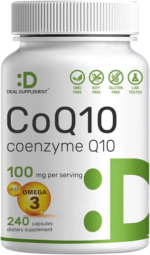 CoQ10 100mg with Omega 3 Fatty Acids 100mg – High Absorption Ubiquinone for Heart, Energy, Brain & Antioxidant Support – Non-GMO – 240 Capsules