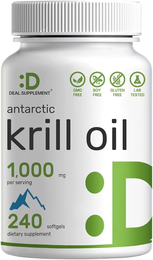 DEAL SUPPLEMENT Antarctic Krill Oil 1000mg – Extra Strength Omega-3 EPA, DHA & Astaxanthin – Heart & Joint Support – Non-GMO, Gluten-Free, Mercury Free – 240 Softgels