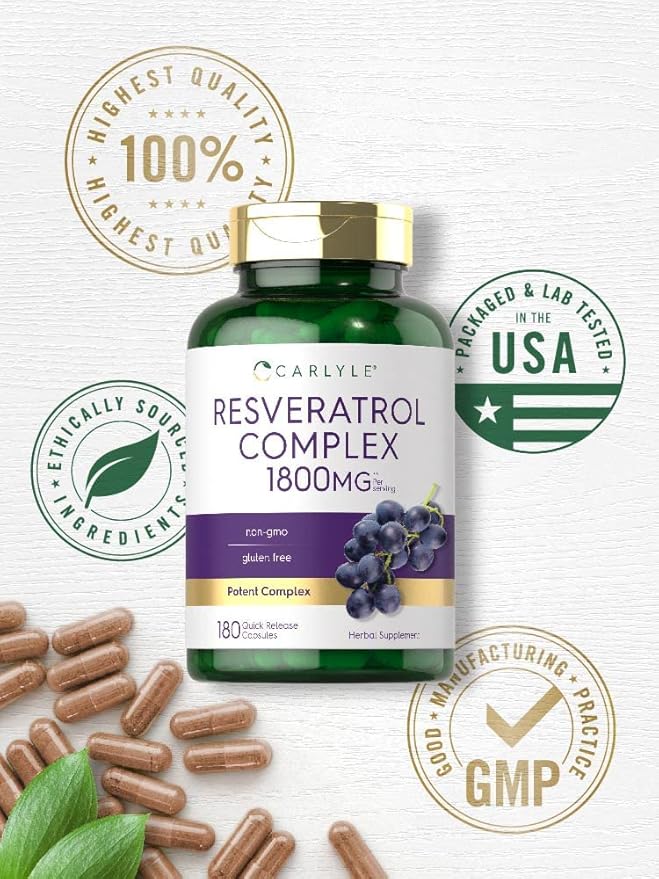 Carlyle Resveratrol 1800mg – Ultra Resveratrol Complex Antioxidant for Heart, Brain & Healthy Aging – Non-GMO, Gluten-Free – 180 Capsules