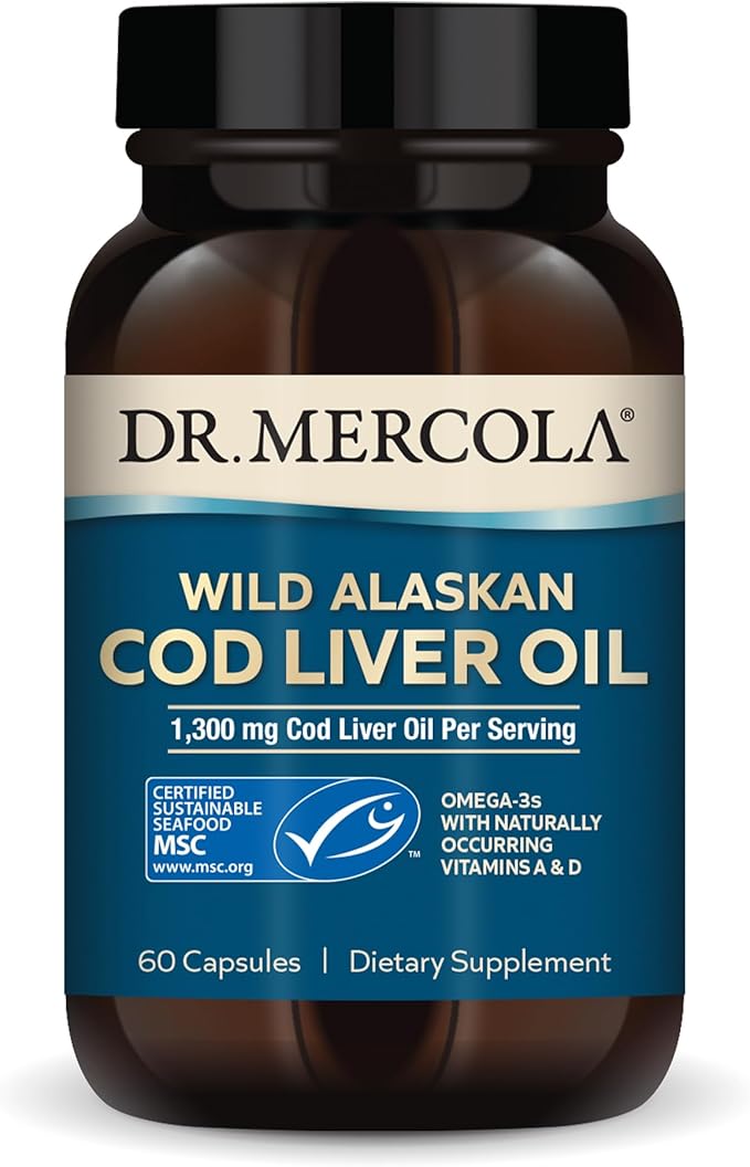 Dr. Mercola Cod Liver Oil 1300mg – Omega-3 DHA, EPA, DPA + Vitamins A & D – MSC Certified, Non-GMO, Gluten-Free – 60 Capsules
