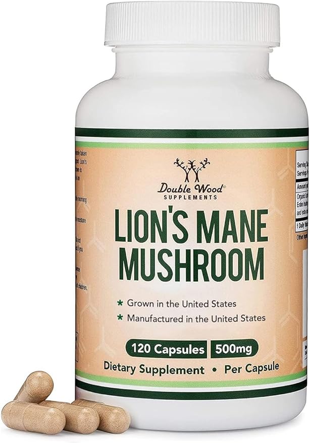Double Wood Organic Lion’s Mane Mushroom – Brain, Memory & Immune Support – 120 Capsules – USA Grown, Third Party Tested