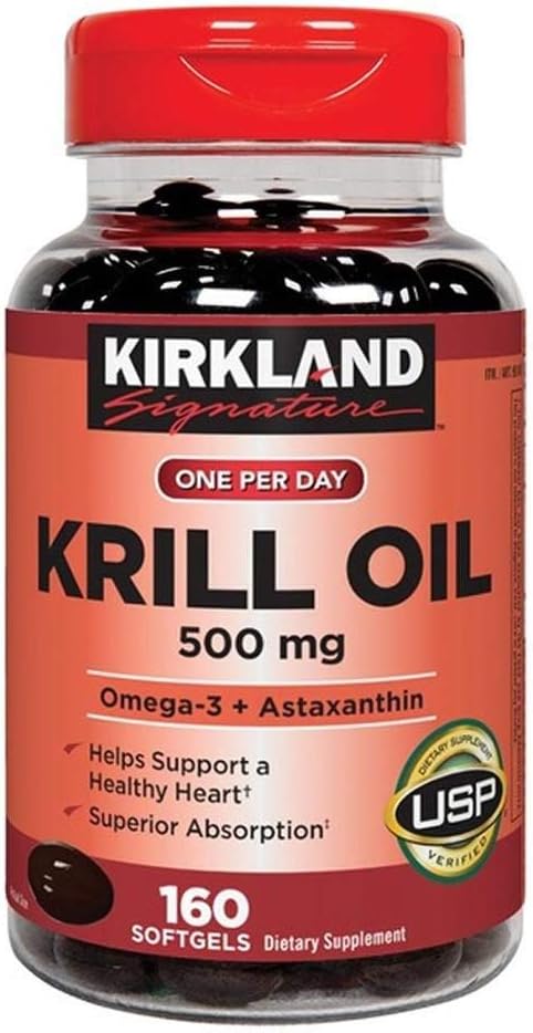 Kirkland Signature Krill Oil 500mg – Omega-3, Phospholipids & Astaxanthin – USP Verified, Non-GMO, Gluten-Free – 160 Softgels
