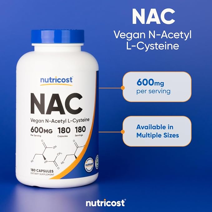 Nutricost NAC 600mg – N-Acetyl L-Cysteine Antioxidant & Detox Support – Non-GMO, Gluten-Free – 180 Veggie Capsules (Value Size)