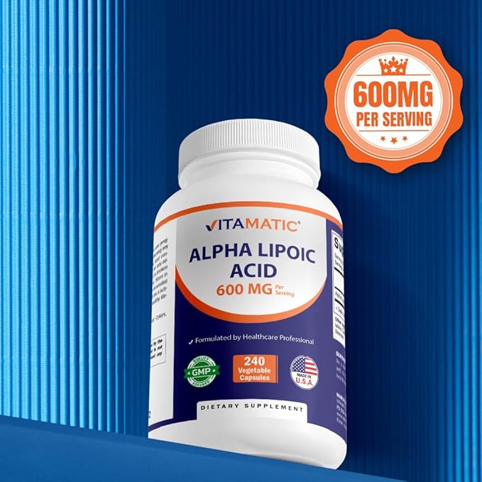 Vitamatic Alpha Lipoic Acid 600mg – Antioxidant for Nerve, Energy & Skin Health – Non-GMO, Gluten-Free, Vegetable Capsules – 240 Count (Value Size)