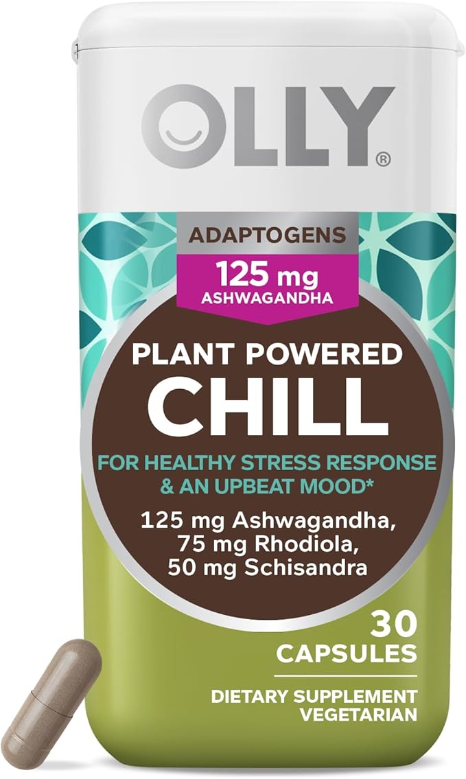 OLLY Chill Adaptogen – Ashwagandha & Rhodiola Mood Support – Stress Relief, Calm & Focus – Vegetarian, Non-GMO – 30 Capsules