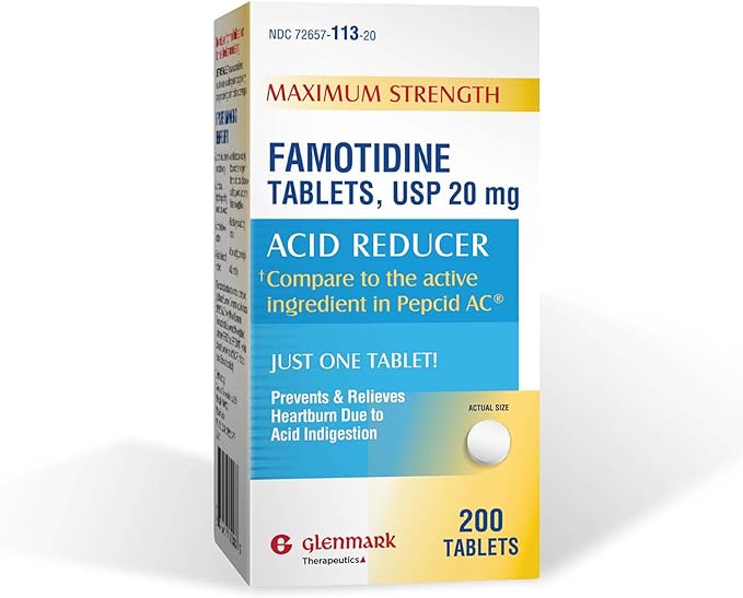 Glenmark Famotidine Tablets 20 mg Maximum Strength Acid Reducer – 200 Count for Heartburn and Indigestion Relief