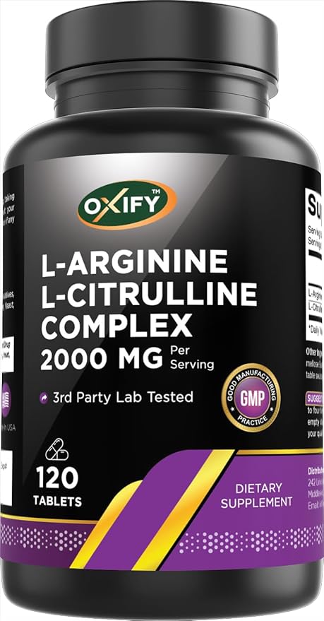 Oxify L-Arginine L-Citrulline Complex – 2000 mg Per Serving, 120 Tablets, Gluten-Free, Non-GMO, Made in USA