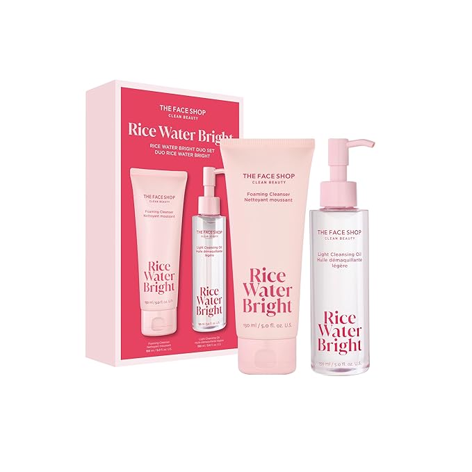 The Face Shop Rice Water Bright Double Cleansing Duo Set with Ceramide – Gentle Face Wash & Pore Control Cleansing Oil – Hydrating, Vegan, Korean Skin Care