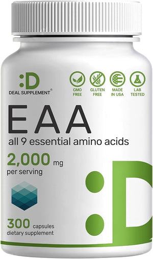 Essential Amino Acids (EAA) – 2000mg Per Serving, 300 Capsules, Unflavored, 9-in-1 BCAAs, Lean Muscle Support