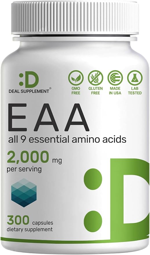 Essential Amino Acids (EAA) – 2000mg Per Serving, 300 Capsules, Unflavored, 9-in-1 BCAAs, Lean Muscle Support