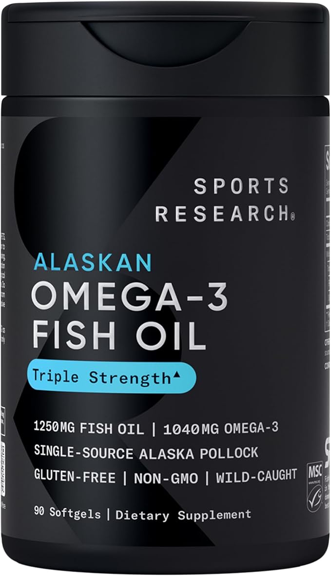 Sports Research Triple Strength Omega-3 Fish Oil 1250mg – Burpless EPA & DHA from Wild Alaskan Pollock – Heart, Brain & Joint Support – MSC Certified, Non-GMO – 90 Softgels