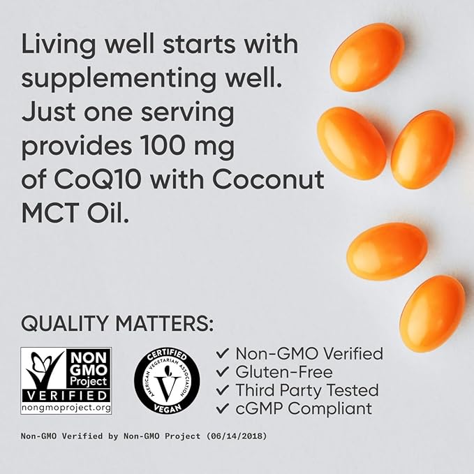 Sports Research CoQ10 100mg with Coconut Oil & BioPerine – Enhanced Absorption, Heart & Energy Support – Vegan, Non-GMO, Gluten-Free – 120 Softgels