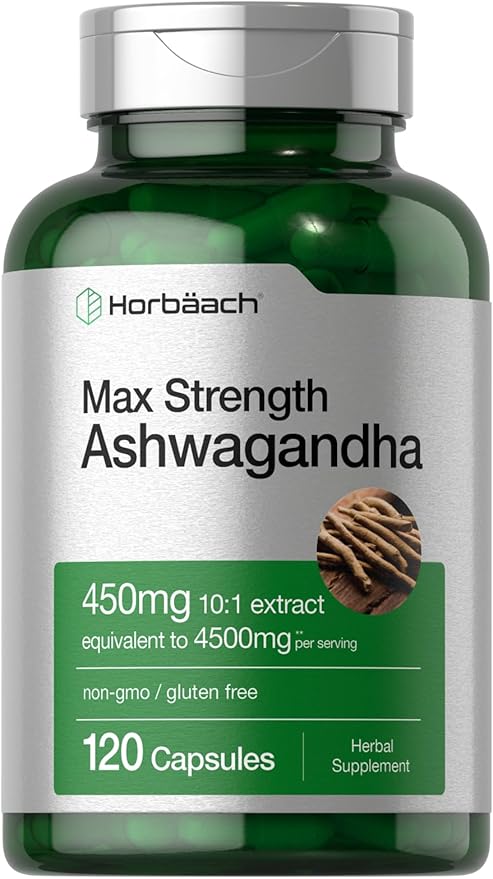 Horbäach Ashwagandha Max Strength – 4500mg Equivalent 10:1 Extract – Stress & Mood Support – Non-GMO, Gluten-Free – 120 Capsules
