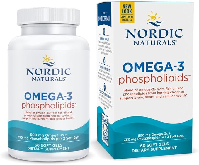Nordic Naturals Omega-3 Phospholipids – 500mg Omega-3 + 350mg Phospholipids – Heart, Brain & Skin Health – Non-GMO, Sustainably Sourced Fish Oil – 60 Softgels