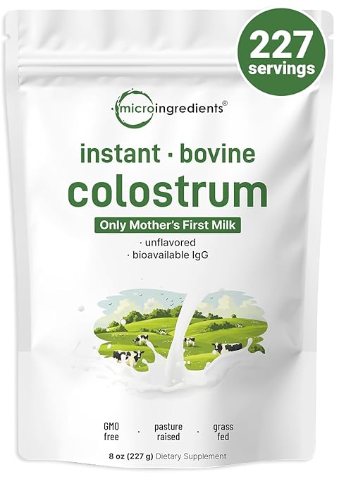 Micro Ingredients Bovine Colostrum Powder – Grass-Fed, Freeze-Dried, IgG & IgA Immune & Gut Support – Non-GMO, Gluten-Free, Unflavored – 8 oz (227 Servings)