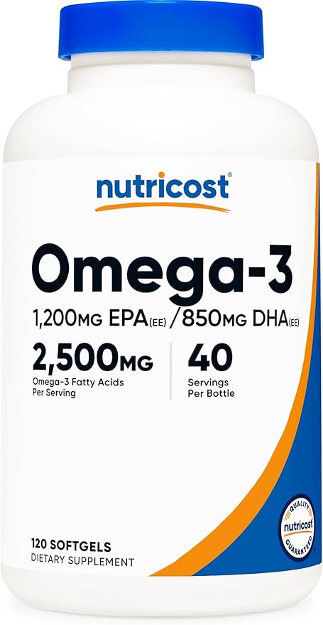 Nutricost Omega-3 Fish Oil 2500mg – High EPA 1200mg & DHA 850mg – Wild-Caught, Non-GMO, Gluten-Free – 120 Softgels (40 Servings)
