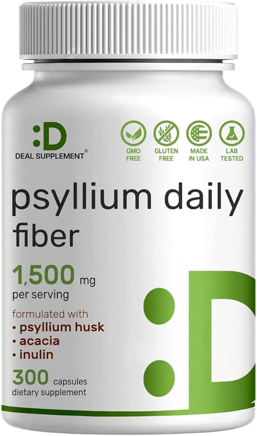 Psyllium Husk 1500mg Fiber Supplement with Inulin & Acacia – Plant-Based Soluble Fiber for Digestive Health, Regularity & Gut Support – Non-GMO, Gluten-Free – 300 Capsules