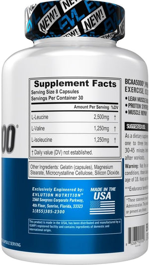 EVL BCAAs Amino Acids Supplement for Men – 2:1:1 Ratio, 5g BCAA Capsules, 30 Servings, Post-Workout Recovery & Lean Muscle Builder