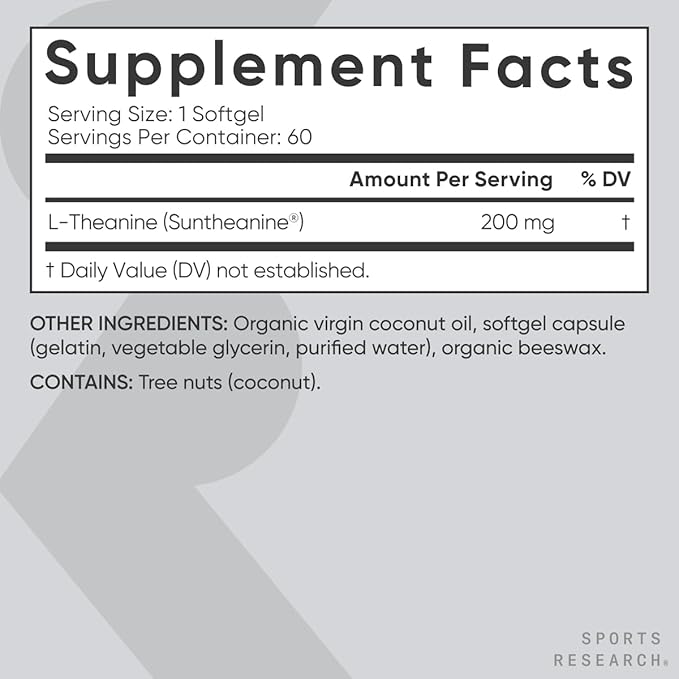 Sports Research L-Theanine 200mg – Double Strength Suntheanine® Softgels for Focus, Calm & Alertness – Non-GMO, Gluten-Free, with Organic Coconut Oil – 60 Count