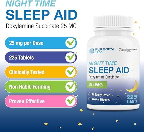 Puregen Labs Sleep Aid – Doxylamine 25mg – 225 Tablets – Non-Habit Forming, Nighttime Support, Made in USA
