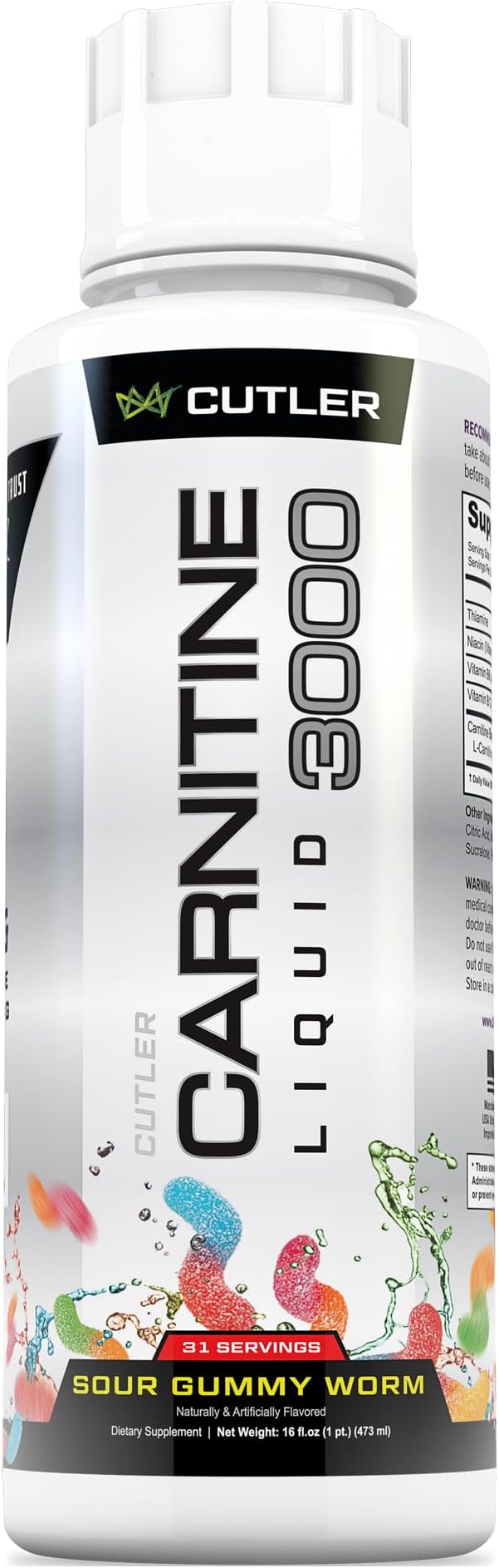 Cutler Nutrition Liquid L-Carnitine – Triple Power Blend (Acetyl L-Carnitine, L-Carnitine Tartrate) – Pre-Workout Energy, Endurance & Fat Metabolism – Sour Gummy Worm Flavor – Sugar-Free, Non-GMO – 16 fl oz