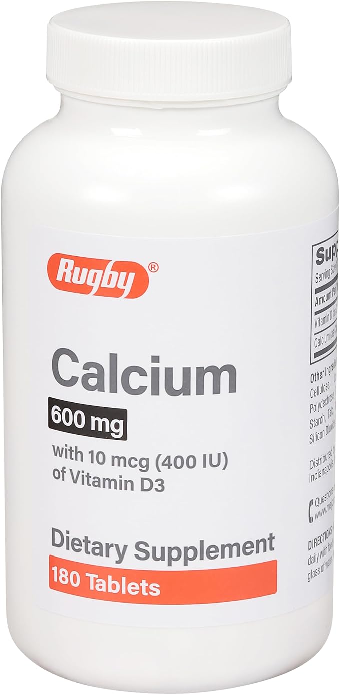 Rugby Calcium 600mg Tablets with 400 IU Vitamin D3 for Bone and Teeth Support Dietary Supplement 180 Count