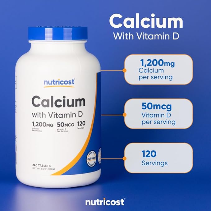Nutricost Calcium 1200mg with Vitamin D 2000 IU – Bone Health & Absorption – 240 Tablets