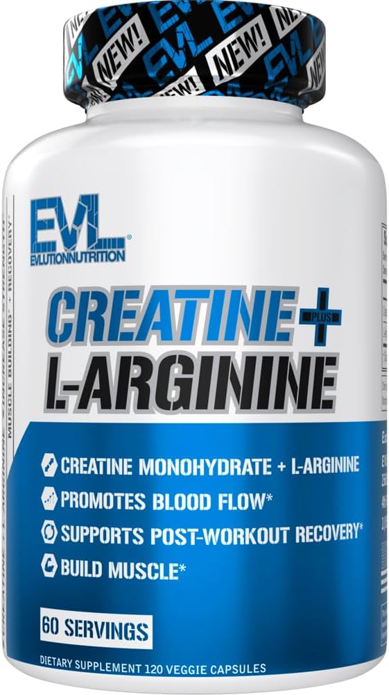 EVLution Nutrition Creatine + L-Arginine – Muscle Growth, Blood Flow & Recovery – 500mg Each – Nitric Oxide Booster – 120 Veggie Capsules – Non-GMO, Gluten-Free