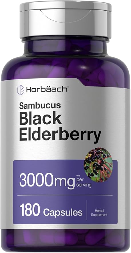 Horbäach Black Elderberry Capsules – 3000mg Sambucus Extract – Immune Support – Non-GMO, Gluten-Free – 180 Quick Release Capsules
