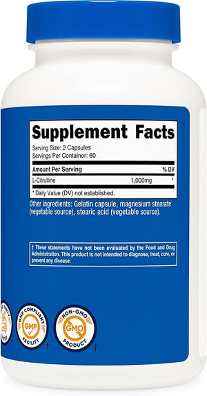 Nutricost L-Citrulline 500mg Capsules – Gluten-Free, Non-GMO, 120 Capsules, 1000mg Per Serving