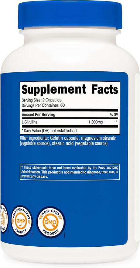 Nutricost L-Citrulline 500mg Capsules – Gluten-Free, Non-GMO, 120 Capsules, 1000mg Per Serving