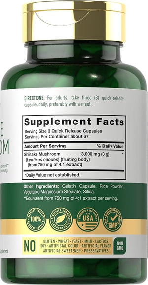 Carlyle Shiitake Mushroom Extract 3000mg – Immune & Antioxidant Support – 200 Capsules – Non-GMO, Gluten Free