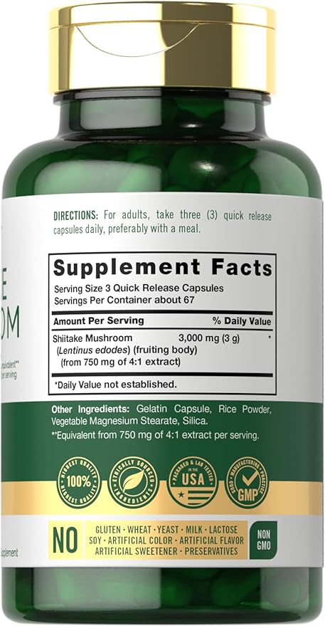 Carlyle Shiitake Mushroom Extract 3000mg – Immune & Antioxidant Support – 200 Capsules – Non-GMO, Gluten Free