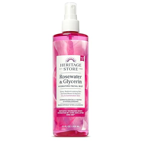 HERITAGE STORE Rosewater & Glycerin Hydrating Facial Mist – Rose Water Spray for Dry & Combination Skin, Vegan, Alcohol-Free, 12 oz