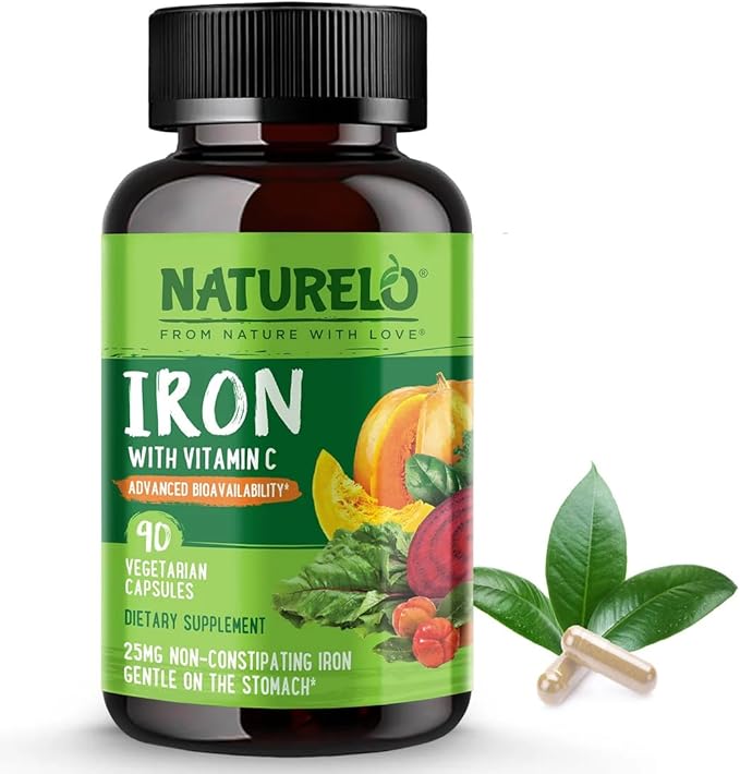 NATURELO Vegan Iron 25mg with Vitamin C & Whole Foods – Gentle, Non-Constipating Iron for Women, Men & Pregnancy – 90 Mini Capsules