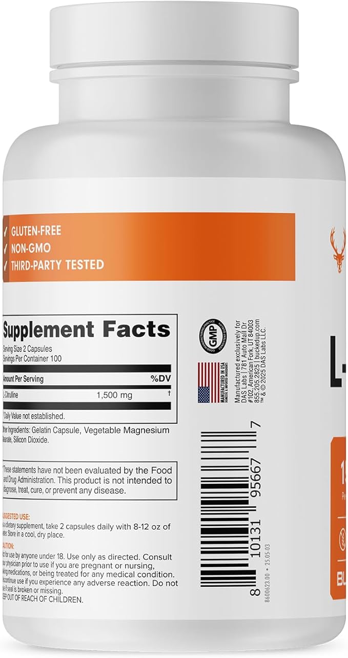 Bucked Up L-Citrulline – 1500mg Per Serving, 200 Capsules, Gluten-Free, Non-GMO, Third-Party Tested