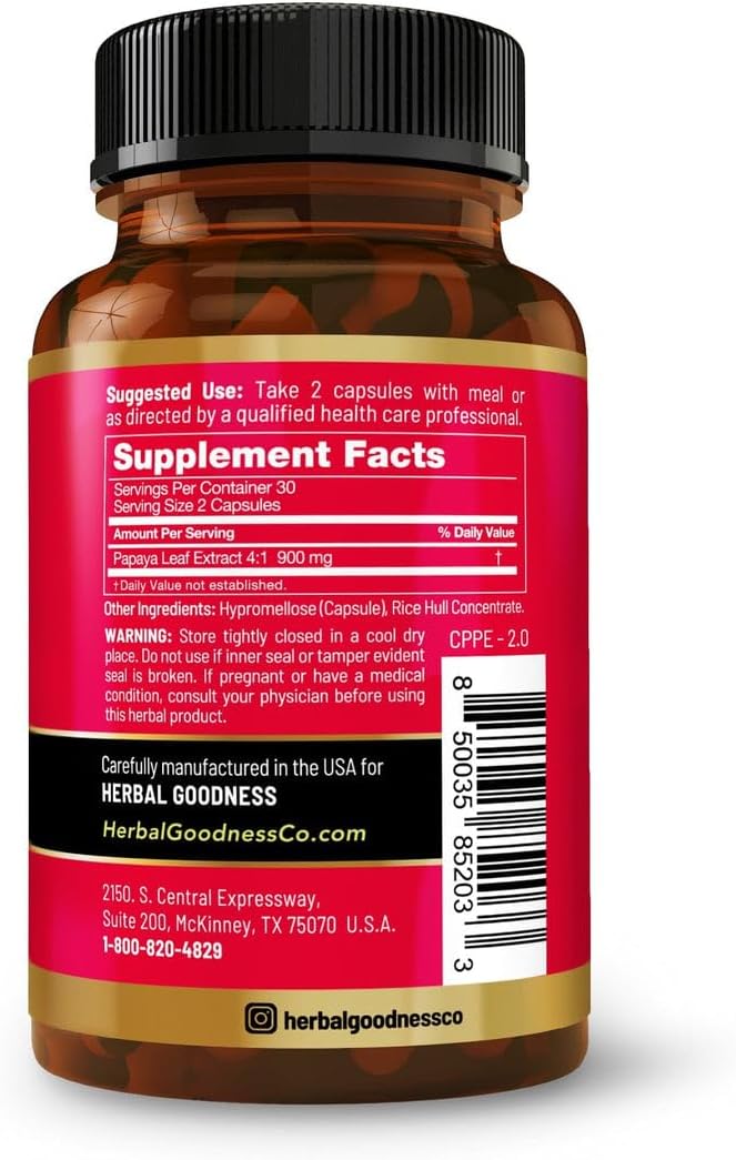 Herbal Goodness Papaya Leaf Blood Platelet Capsules – 600mg 20x Strength – Blood Platelet, Bone Marrow & Immune Support – Blood Cleanse Formula – Non-GMO, Vegan, Made in USA – 60 Capsules