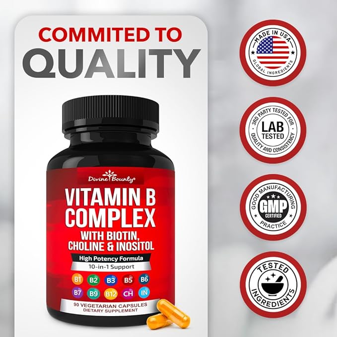 Divine Bounty Super B Complex – All B Vitamins, Energy & Immune Support – 90 Vegetarian Capsules