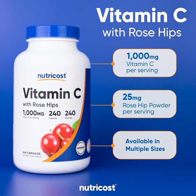 Nutricost Vitamin C 1000mg with Rose Hips – Immune & Antioxidant Support – 240 Capsules – Non-GMO, Gluten Free