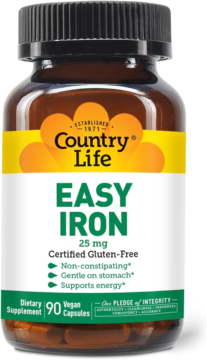 Country Life Easy Iron 25mg – Gentle, Non-Constipating Vegan Iron for Women & Men – 90 Capsules