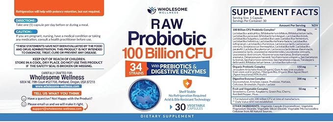 Wholesome Wellness Organic Raw Probiotics 100 Billion CFU – 34 Strains, Prebiotics & Digestive Enzymes – Doctor Formulated for Women & Men – Non-GMO, Gluten-Free – 30 Capsules