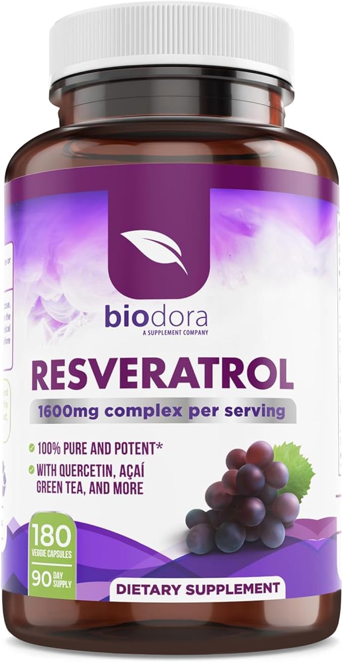 Resveratrol 1600mg – Antioxidant with Quercetin, Green Tea, Grape Seed & Acai – Immune, Heart & Digestive Health Support – Non-GMO, Gluten-Free – 180 Capsules