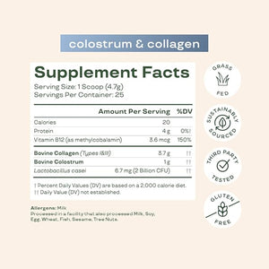 Bloom Nutrition Bovine Colostrum Powder with Vitamin B12 & Probiotics – Gut, Immune, Hair & Skin Support – Grass-Fed Collagen – Unflavored, Non-GMO, Gluten-Free – 25 Servings
