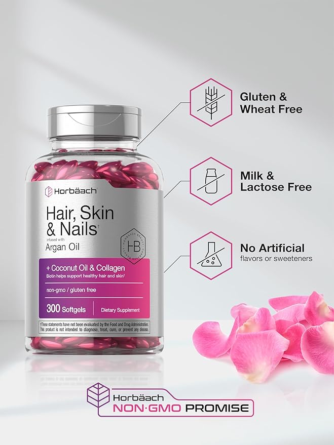 Horbäach Hair, Skin & Nails Vitamins – Biotin, Collagen, Argan Oil & Coconut Oil – 300 Softgels – Non-GMO, Gluten-Free, Clean Beauty Supplement