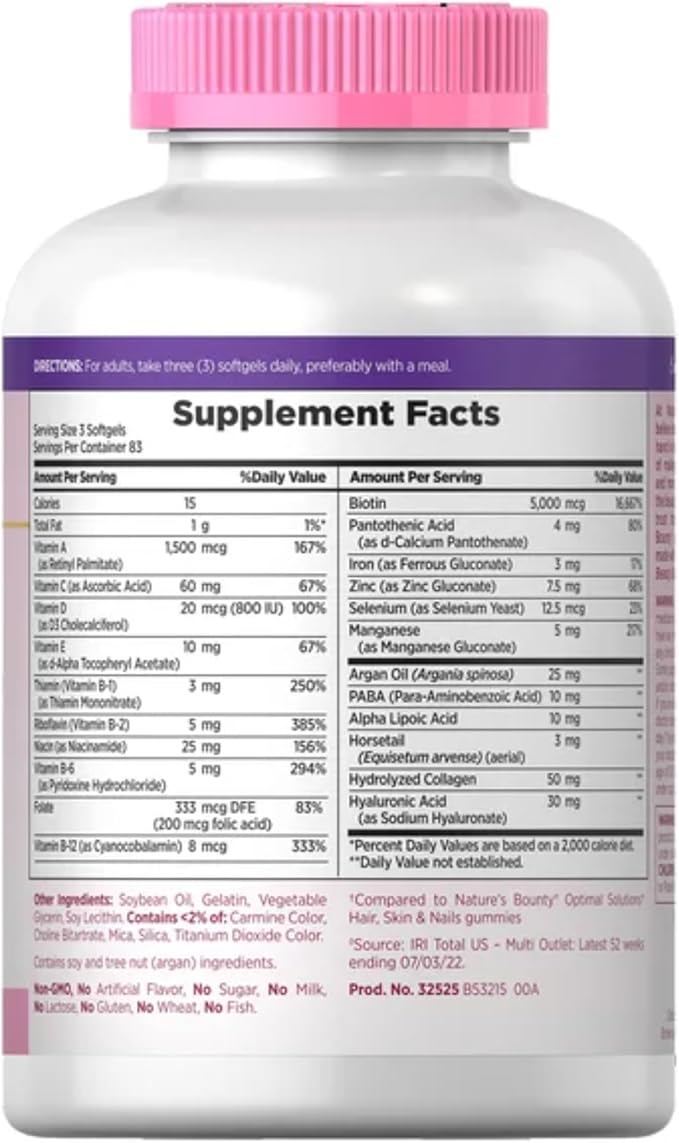 Nature’s Bounty Hair, Skin & Nails – 5000 mcg Biotin Extra Strength + Collagen, Alpha Lipoic Acid & Calcium – 250 Tablets (4-Bottle Value Pack)