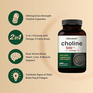 Choline 500mg with Omega-3 – Prenatal, Brain & Energy Support – 240 Capsules