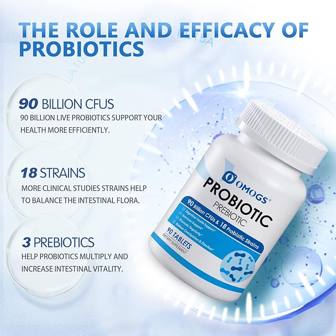 Probiotics 90 Billion CFUs with 18 Strains, 3 Organic Prebiotics & Vitamin C – Digestive, Immune & Metabolic Support – Non-GMO, Gluten-Free – 90 Tablets