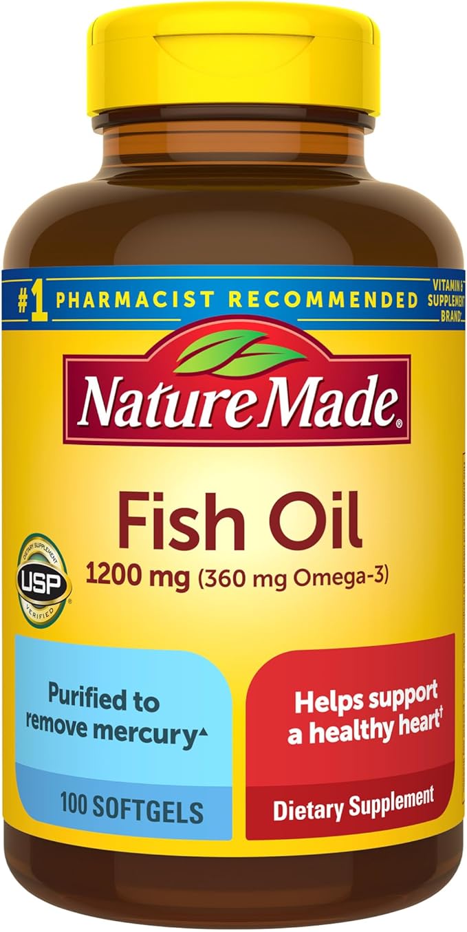 Nature Made Fish Oil 1200mg – Omega-3 EPA & DHA Heart Health Supplement – Non-GMO, Gluten-Free, Mercury-Free – 100 Softgels (50-Day Supply)