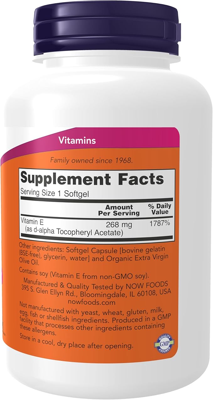 NOW Vitamin E-400 IU – Natural D-Alpha Tocopheryl, Antioxidant, Skin & Immune Support – 250 Softgels
