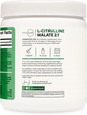 Type Zero L-Citrulline Malate Powder 2:1 6X – 300g, 6000mg Per Serving, Unflavored, Nitric Oxide Booster